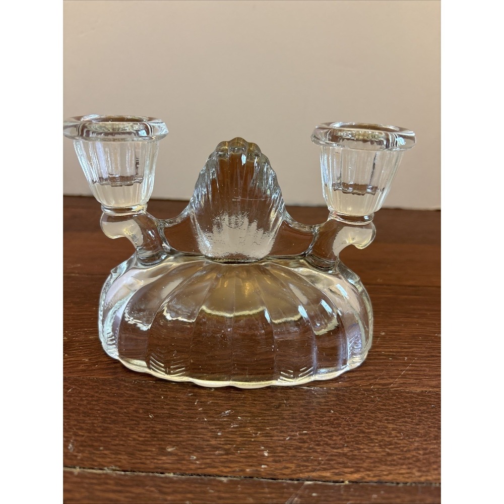Vintage 1940s L E Smith Glass Double Light Candlestick Candle Holder Clear Glass